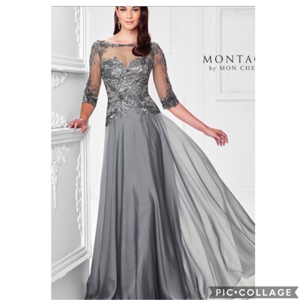 Montage by Moncheri illusion 3/4 length sleevesV- back long gown - Picture 2 of 11